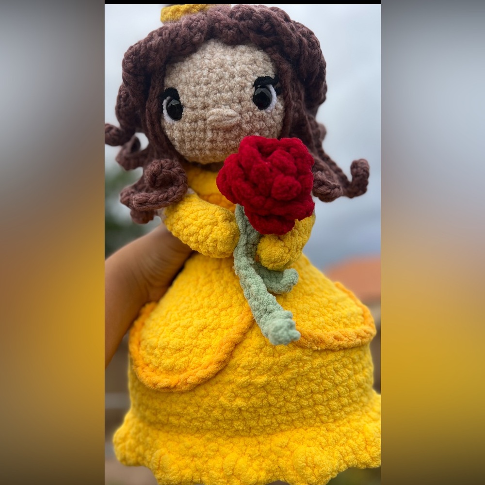 Handmade Crochet Princess Bella Doll with Yellow Dress and Red Rose